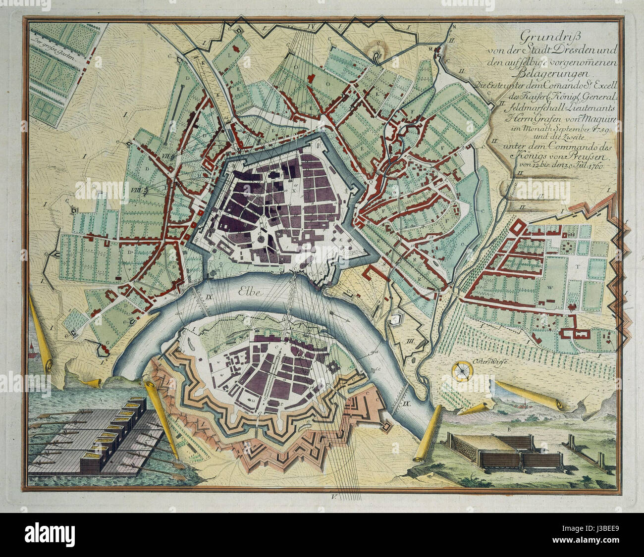 Dieser Bezug verweist auf die Stadt Dresden im Jahr 1760 und unterstreicht die historische Periode des Siebenjährigen Krieges. Die Stadt war stark vom Krieg betroffen, und ihre Architektur und ihr kulturelles Erbe waren Schlüsselaspekte ihrer Geschichte. Stockfoto Dieser Bezug verweist auf die Stadt Dresden im Jahr 1760 und unterstreicht die historische Periode des Siebenjährigen Krieges. Die Stadt war stark vom Krieg betroffen, und ihre Architektur und ihr kulturelles Erbe waren Schlüsselaspekte ihrer Geschichte. Stockfoto
