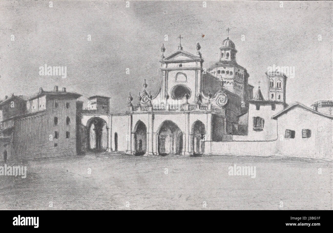 Zeichnung der Renaissancefassade der Kathedrale von Ivrea vor 1850, die das architektonische Design veranschaulicht. Stockfoto