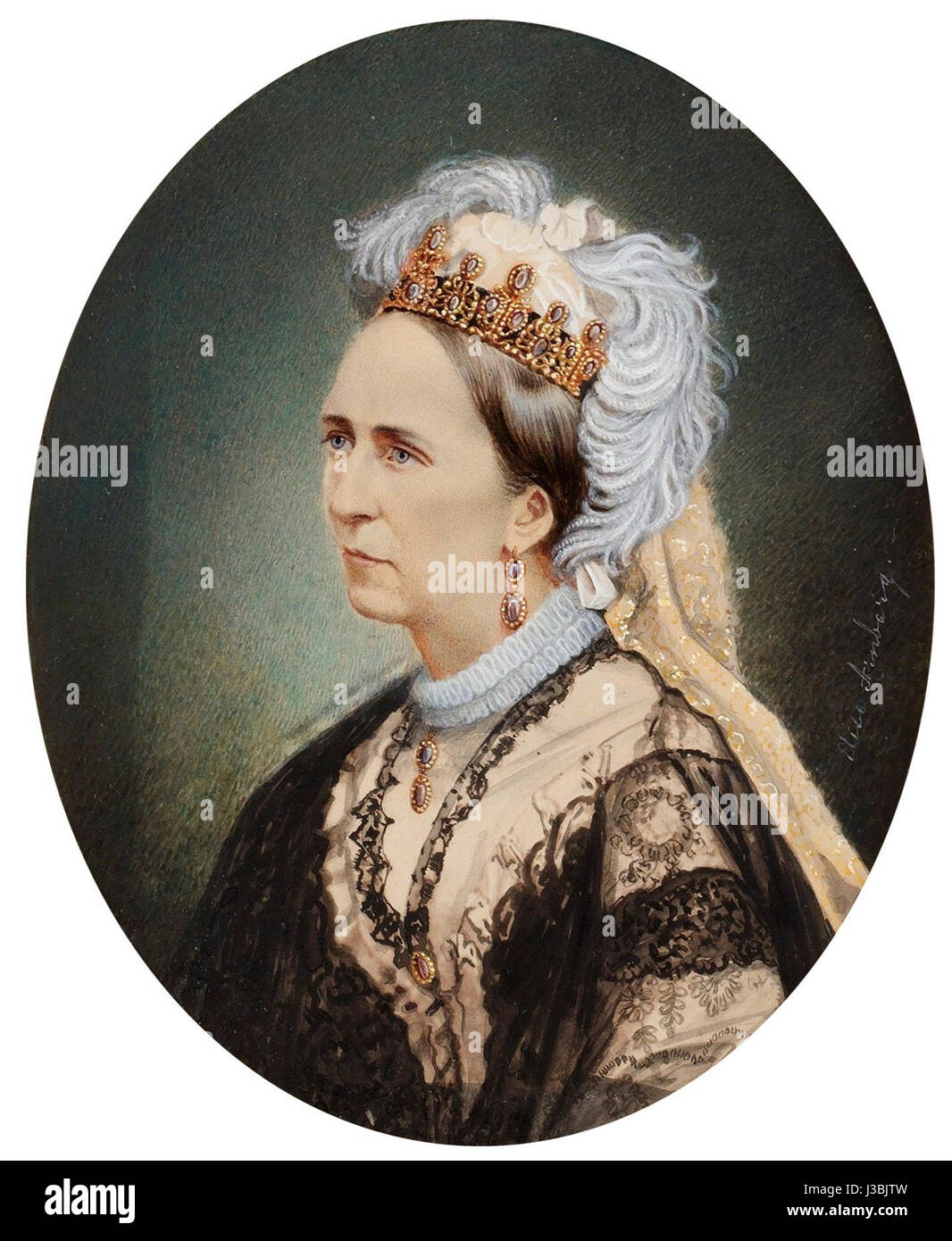 Elise Arnbergâ Porträt der Prinzessin Eugenie fängt das Bild der französischen Prinzessin des 19. Jahrhunderts ein und spiegelt ihre königliche Präsenz und ihren edlen Status innerhalb der europäischen Königsgeschichte wider. Stockfoto