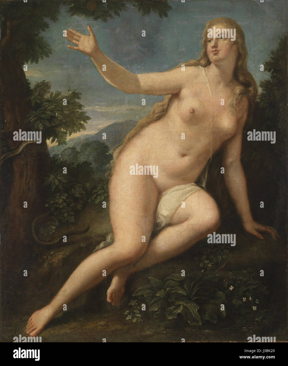 Eva und die Schlange ist ein venezianisches Gemälde aus dem 17. Jahrhundert, das die biblische Geschichte von Eva und der Schlange aus dem Buch Genesis darstellt. Das Kunstwerk veranschaulicht die Versuchung von Eva und ihrem Fall von der Gnade. Stockfoto