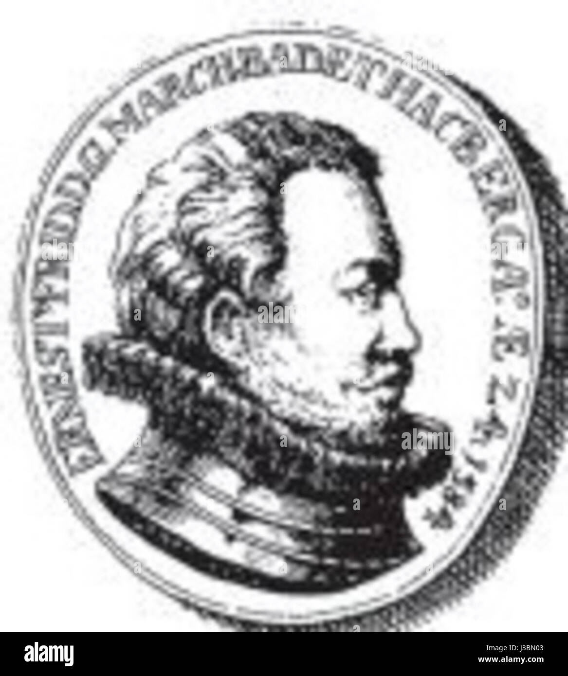 Dieser Stich zeigt Markgraf Ernst Friedrich von Baden-Durlach nach einer 1596er Münze. Das 1766 entstandene Kunstwerk spiegelt die numismatische Kunst und Porträtkunst der Epoche wider. Stockfoto