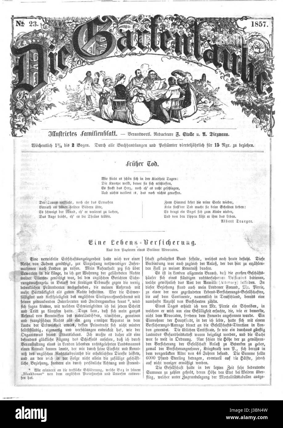 Die Gartenlaube war eine deutsche Literaturzeitschrift, die Werke zu Kultur, Kunst und Geschichte veröffentlichte. Die Ausgabe 1857 zeigt eine Illustration auf Seite 309, die den Fokus des Magazins auf soziale Themen und kulturelle Kommentare während des 19. Jahrhunderts widerspiegelt. Stockfoto