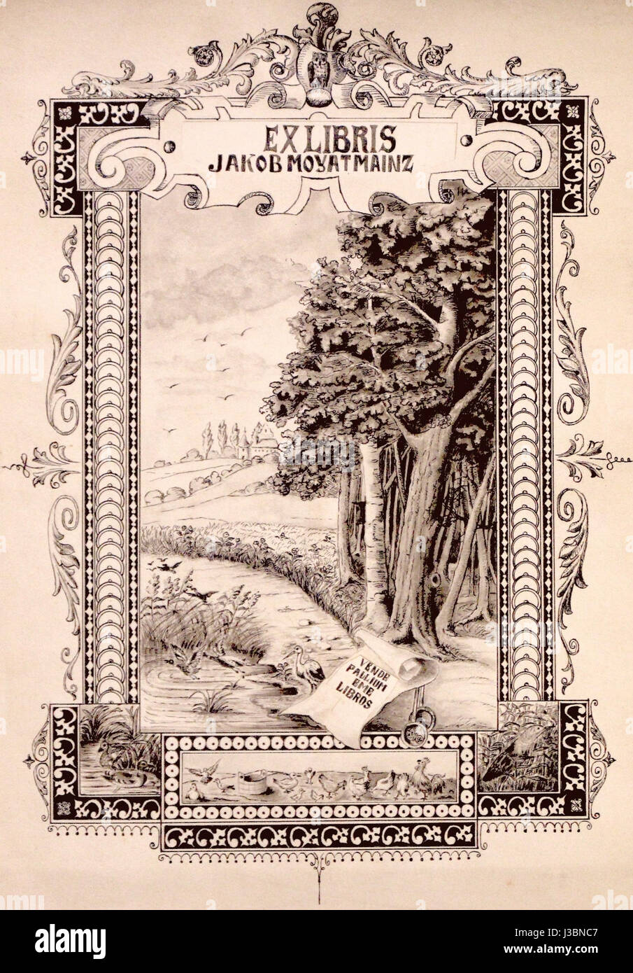 Dieses Exlibris, das Jacob Moyat gehört, ist ein Heft, das den Besitz eines Buches angibt. ExLibris-Designs enthalten oft personalisierte Illustrationen und heraldische Symbole, und dieses spezielle ist Teil einer Sammlung, die von GS 127 identifiziert wurde. Stockfoto