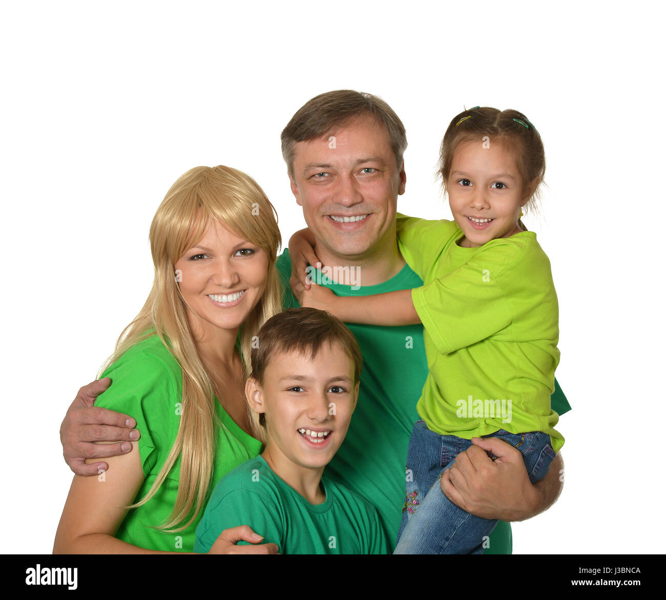 Glückliche Familie mit kleinen Kindern auf weißem Hintergrund Stockfoto