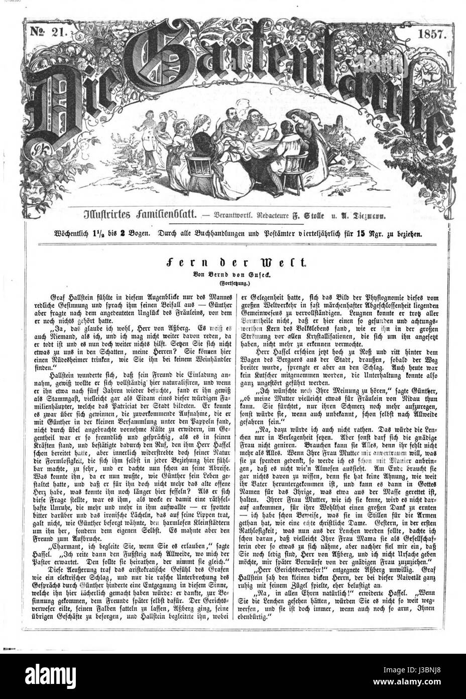 Die Gartenlaube, 1857 erschienen, war eine bekannte deutsche Illustrationszeitschrift, die für Kultur, Gesellschaft und Literatur bekannt ist und Einblicke in das europäische Leben und Denken des 19. Jahrhunderts bot. Stockfoto