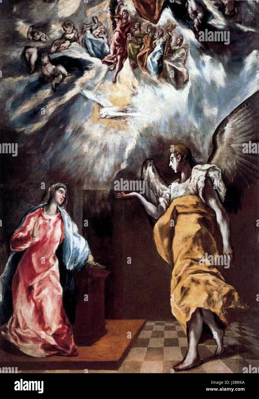 „Die Verkündigung“ von El Greco ist ein religiöses Gemälde, das den Moment darstellt, in dem der Engel Gabriel der Jungfrau Maria ankündigt, dass sie den Sohn Gottes empfangen wird. Das Werk ist bekannt für seine dramatische Verwendung von Licht und langen Figuren. Stockfoto