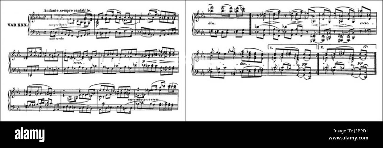 Die Diabelli Variations ist eine klassische Musikkomposition von Beethoven, die auf einem Walzer von Anton Diabelli basiert. Die 30 Variationen sind ein bedeutendes Werk im Klavierrepertoire und zeigen Beethovens Kreativität und technische Meisterschaft. Stockfoto