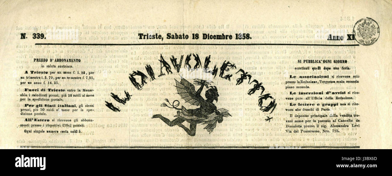 Diavoletto 1858 12 18 Zeitungskopf bezieht sich auf eine historische Zeitungsüberschrift oder Illustration vom 18. Dezember 1858. Der Begriff „Diavoletto“ könnte sich auf einen bestimmten artikel oder ein Bild in der Zeitung von diesem Zeitpunkt beziehen, der wahrscheinlich mit sozialen oder politischen Ereignissen zu diesem Zeitpunkt zusammenhängt. Die Illustration oder Überschrift dient als Momentaufnahme des historischen Kontexts. Stockfoto