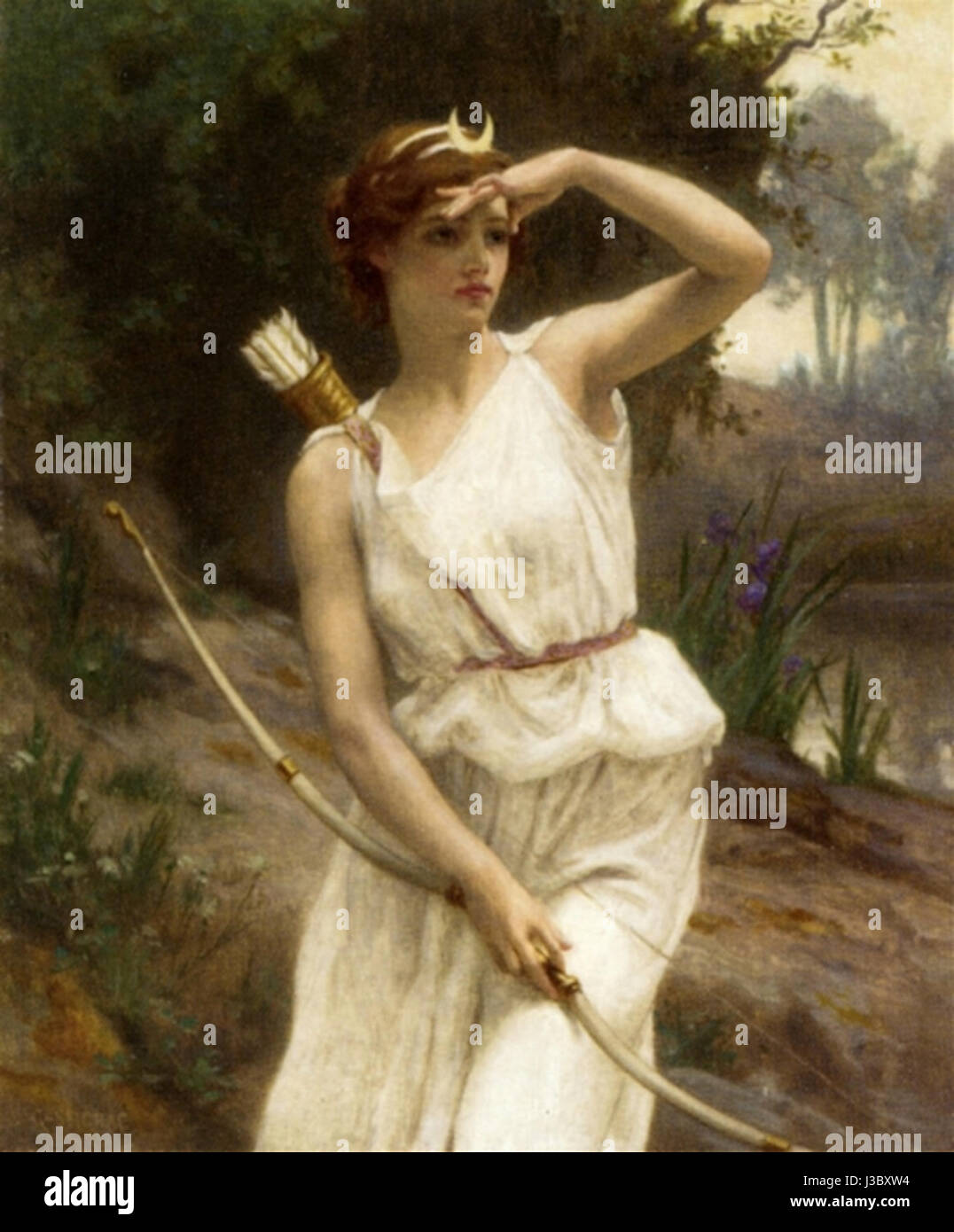 Diana die Jägerin ist ein Gemälde von Guillaume Seignac, das die römische Göttin der Jagd, Diana, darstellt. Das Kunstwerk ist bekannt für seinen klassischen Stil, der Dianas Stärke und Anmut in einem mächtigen, mythologischen Kontext einfängt. Stockfoto