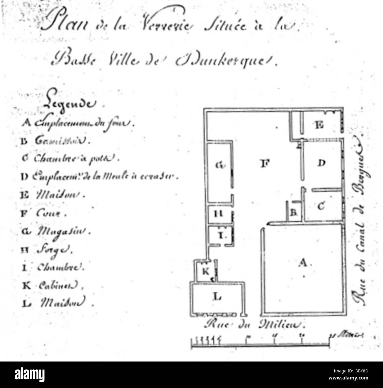 „Dunkerque Plan de verrerie“ bezieht sich auf eine historische Karte oder einen Plan des Glasmacherviertels in Dünkirchen, Frankreich. Dieses Gebiet war bekannt für seine bedeutende Glasproduktion und solche Pläne geben Einblicke in die industrielle Auslegung und Entwicklung der Region während der Spitzenphase der Glasherstellung. Stockfoto