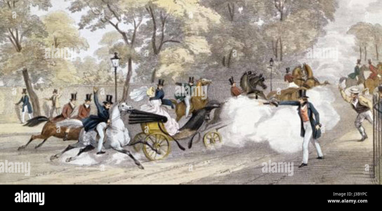 Dieses Kunstwerk zeigt den Attentat auf Königin Victoria im Jahr 1840 durch Edward Oxford. Das Ereignis, ein bedeutender Moment in der britischen Geschichte, markierte den ersten Anschlag auf das Leben eines britischen Monarchen. Das Bild fängt die Spannungen und den historischen Kontext der Zeit ein und veranschaulicht die Risiken, denen die Monarchen während dieser Zeit gegenüberstanden. Stockfoto