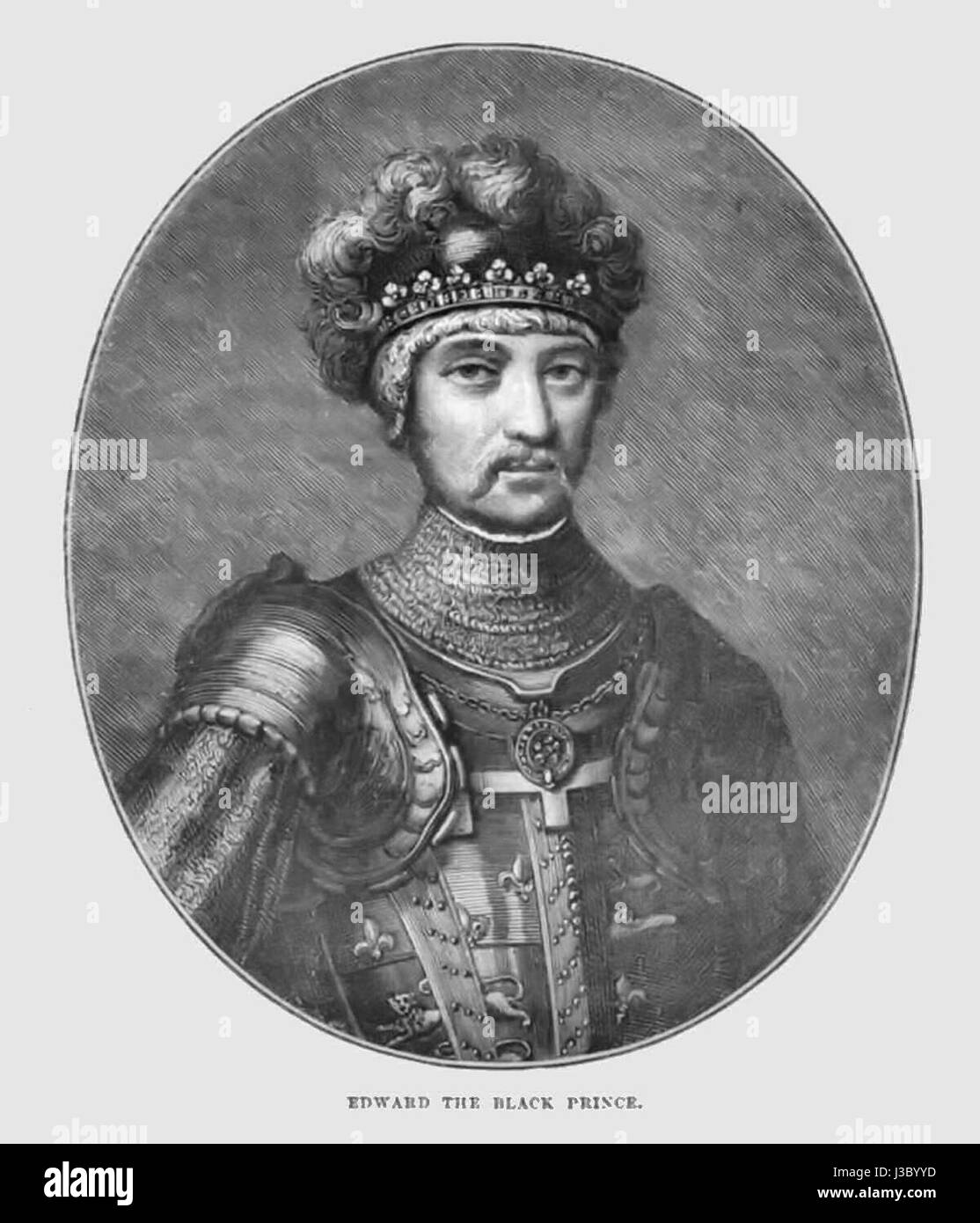 Eduard, bekannt als der Schwarze Prinz, war der älteste Sohn von König Eduard III. Von England. Er war ein bedeutender militärischer Führer während des Hundertjährigen Krieges und spielte Schlüsselrollen in mehreren großen Schlachten, einschließlich der Schlacht von Poitiers im Jahr 1356. Stockfoto