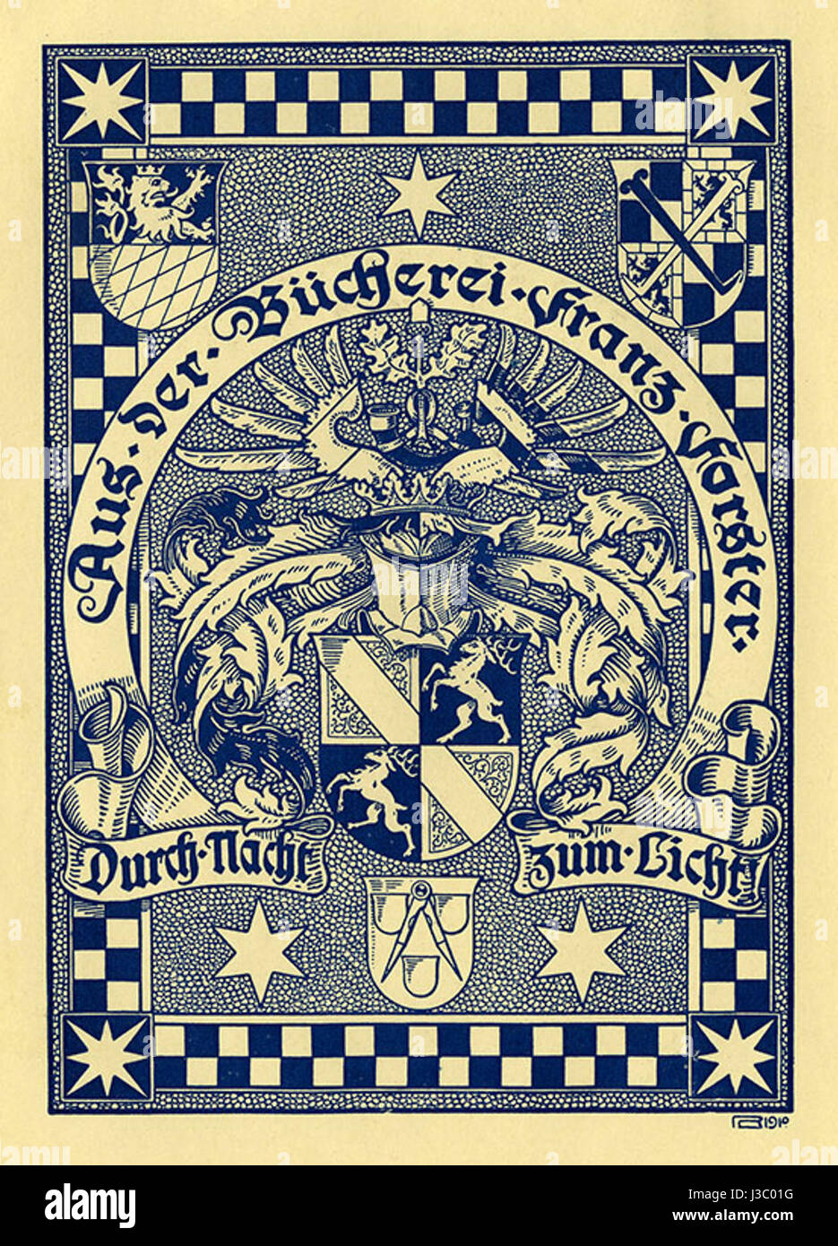 Ex Libris Franz Forster von Rheude bezieht sich auf ein personalisiertes Buchplattendesign, das mit Franz Forster von Rheude assoziiert ist und typischerweise verwendet wird, um den Besitz von Büchern zu kennzeichnen, oft mit künstlerischem Stil. Stockfoto