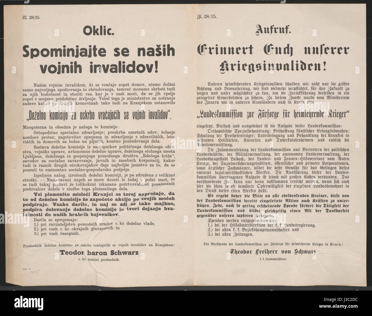Dieses mehrsprachige Poster aus Laibach (Ljubljana) aus dem Jahr 1915 ruft zum Gedenken an Kriegsinvalide auf, was wahrscheinlich auf die Nachwirkungen des Ersten Weltkriegs und die Opfer verwundeter Soldaten verweist. Stockfoto