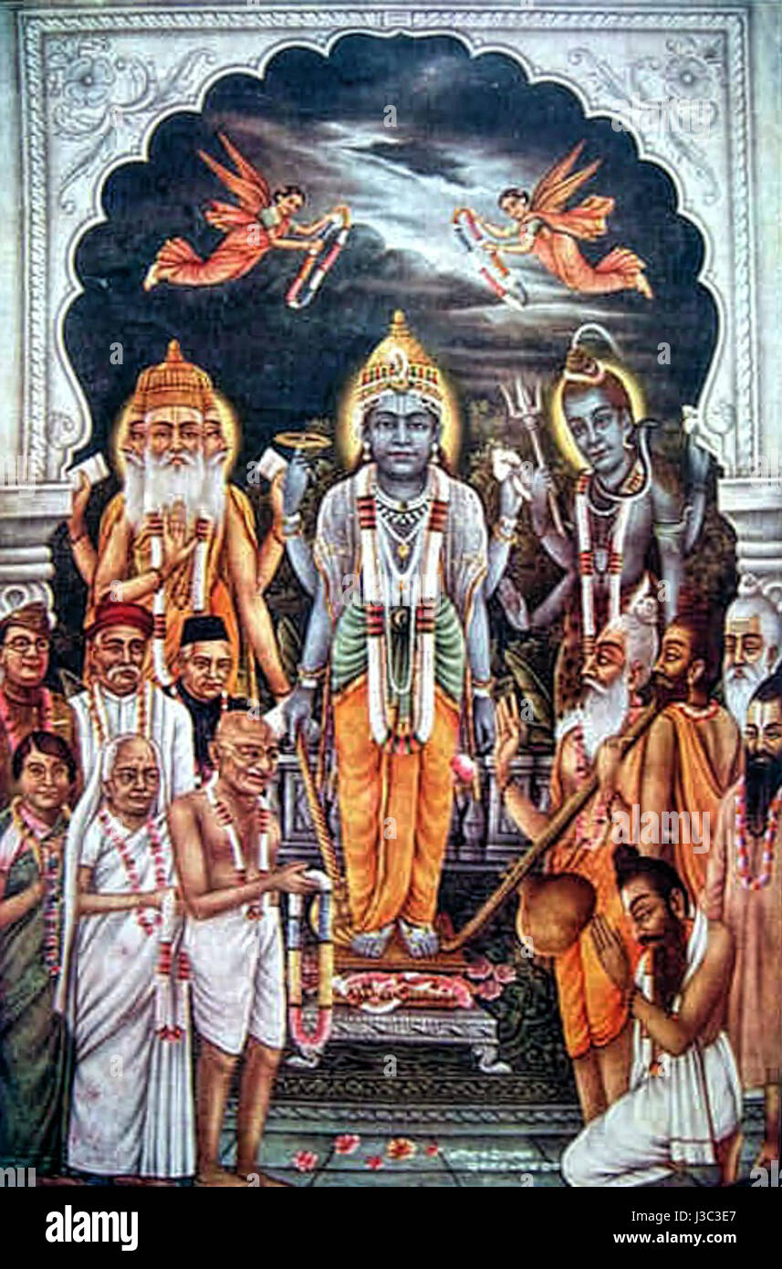 Devlok der großen Götter des hinduistischen Pantheons segnen die Führer der Unabhängigkeitsbewegung Stockfoto