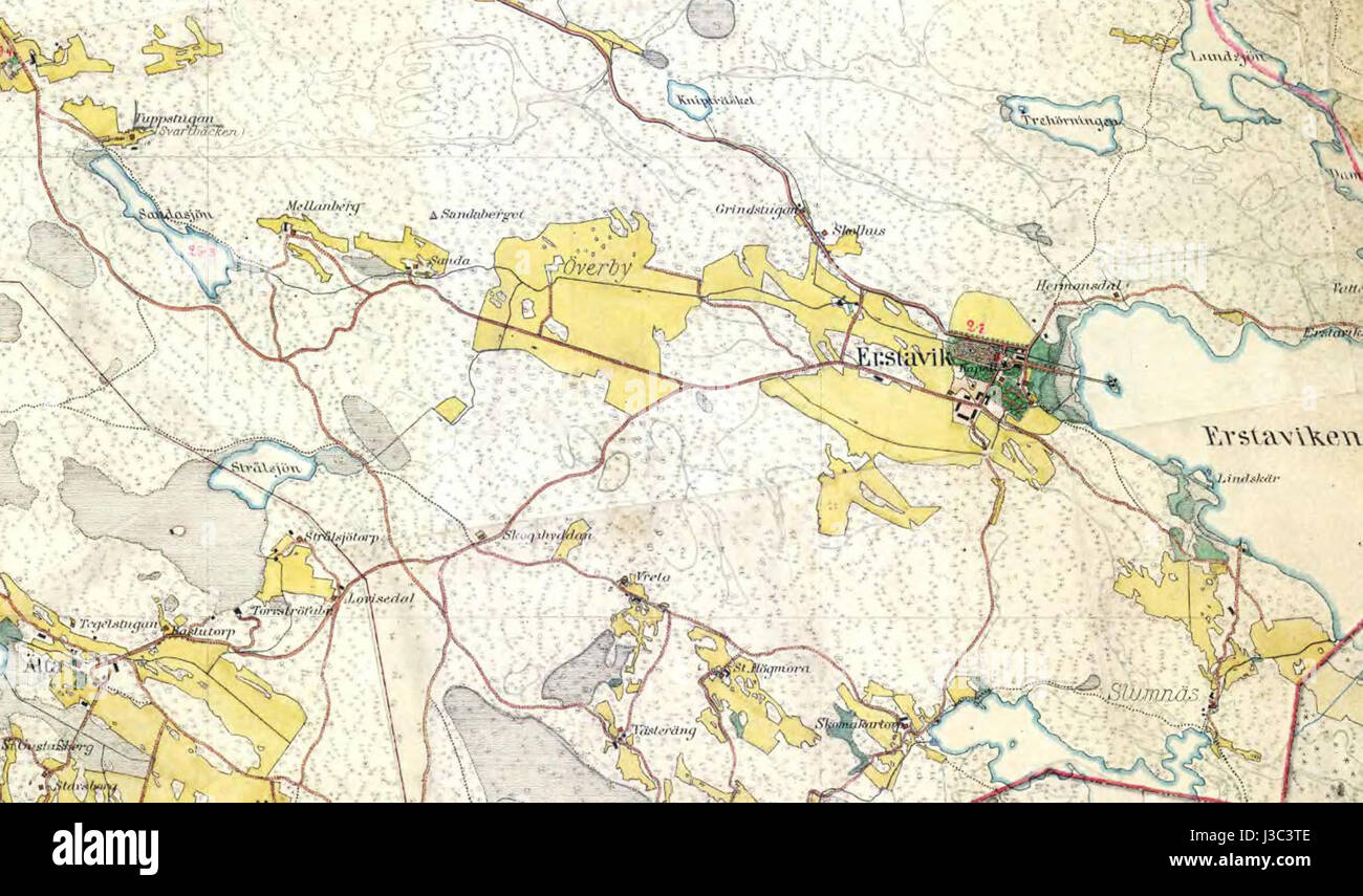 Ein historischer Blick auf Erstavik aus dem Jahr 1901, der die Landschaft und Gebäude der schwedischen Ortschaft während des frühen 20. Jahrhunderts dokumentiert. Stockfoto