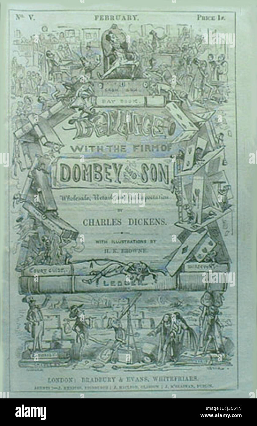 Das Cover von „Dombey and Son“, einem Roman von Charles Dickens, zeigt das typische viktorianische Design und spiegelt die Themen der Familie, des Geschäfts und der sozialen Klasse wider, die für die Geschichte von zentraler Bedeutung sind. Stockfoto