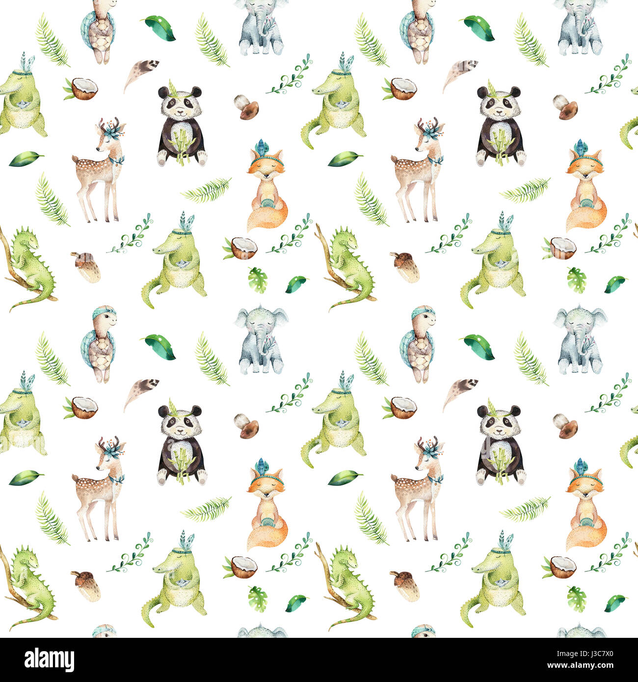 Baby Tiere Kindergarten isoliert Musterdesign. Tropischen Zeichnung Aquarell Boho, Kind tropischen Zeichnung, Panda, niedliche Krokodil, tropischen Elefanten, grüner Leguan, Fuchs, Reh und Schildkröte Stockfoto