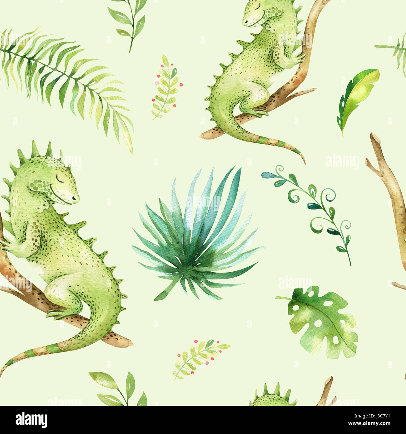 Baby Tiere Kindergarten isoliert Musterdesign. Aquarell Boho tropischen Stoff zeichnen, Kind tropischen süß Leguan und Palme, tropischen grünen Textur zeichnen Stockfoto
