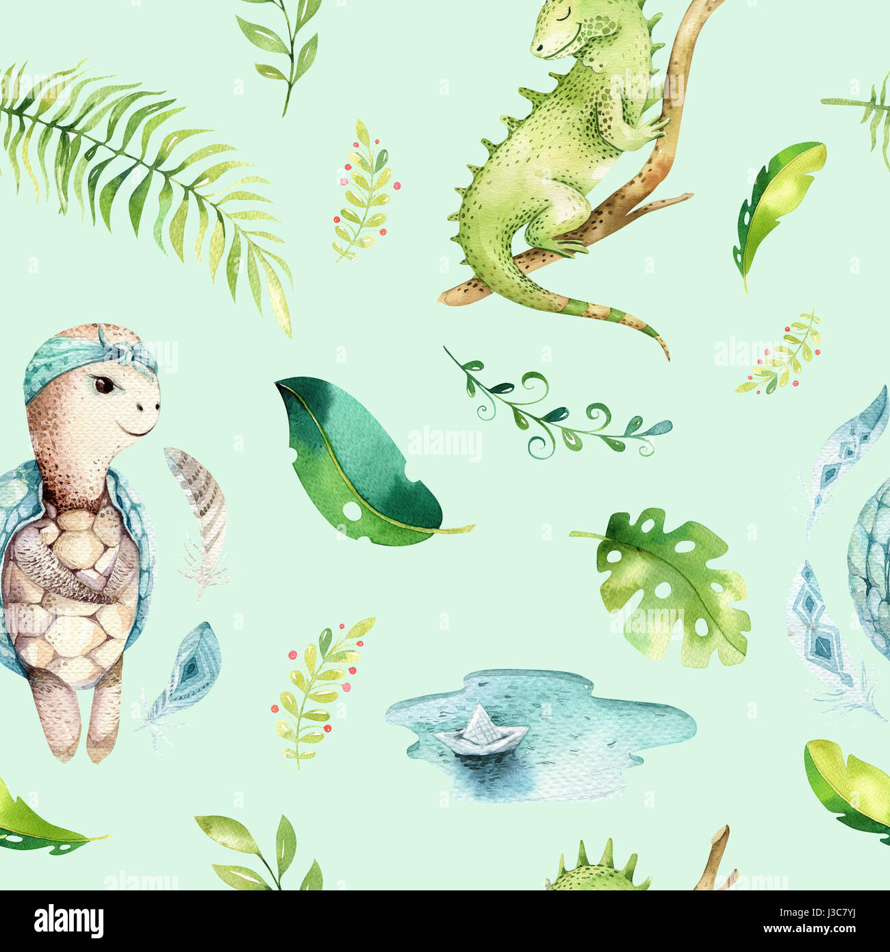 Baby Tiere Kindergarten isoliert Musterdesign. Aquarell Boho tropischen Stoff zeichnen, Kind tropischen Zeichnung niedlich Leguan, Schildkröte und Palm Tree, Alligator Tropic grün Textur Stockfoto