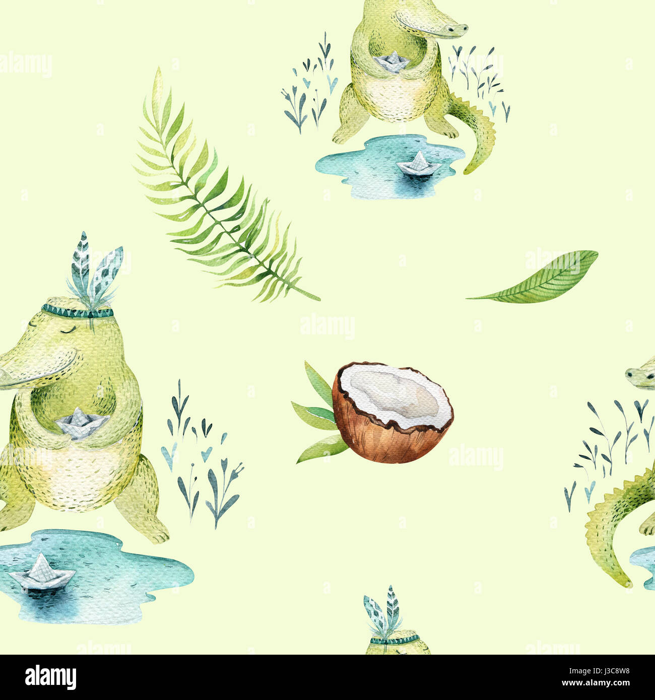 Baby Tiere Kindergarten isoliert Musterdesign. Aquarell Boho tropischen Zeichnung, Kind tropischen Zeichnung niedliche Krokodil, Tropic grün Stockfoto