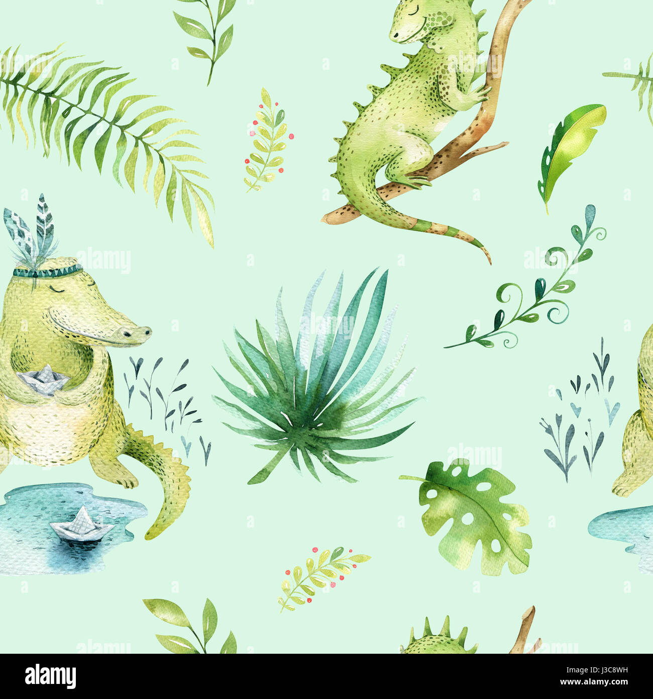 Baby Tiere Kindergarten isoliert Musterdesign. Aquarell Boho tropischen Stoff zeichnen, Kind tropischen süß Leguan, Krokodil und Palm Tree, Alligator tropischen grünen Textur Illustration Zeichnung Stockfoto