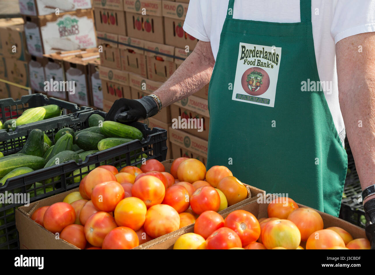 Marana, Arizona - Freiwillige aus katholischen Pfarrei St. Christpher vertreiben Produkte von Borderlands Food Bank zur Verfügung gestellt. Die Lebensmittelbank rettet 30 bis Stockfoto