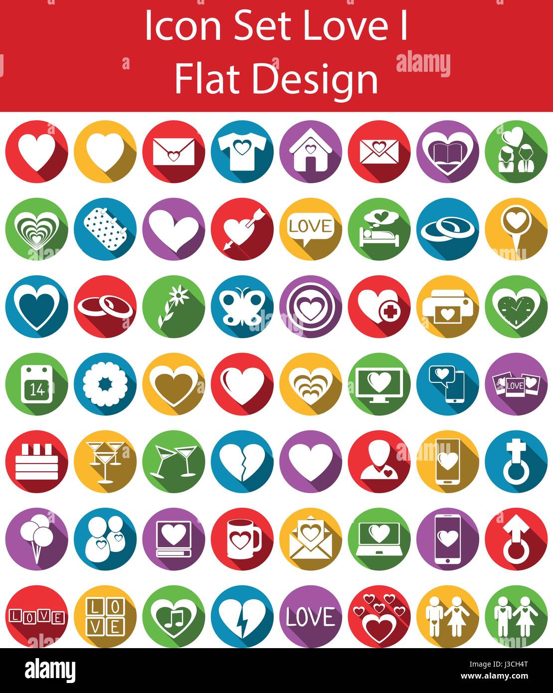 Flache Design-Icon-Set I Love mit 56 Symbole für verschiedene Kauf Stock Vektor