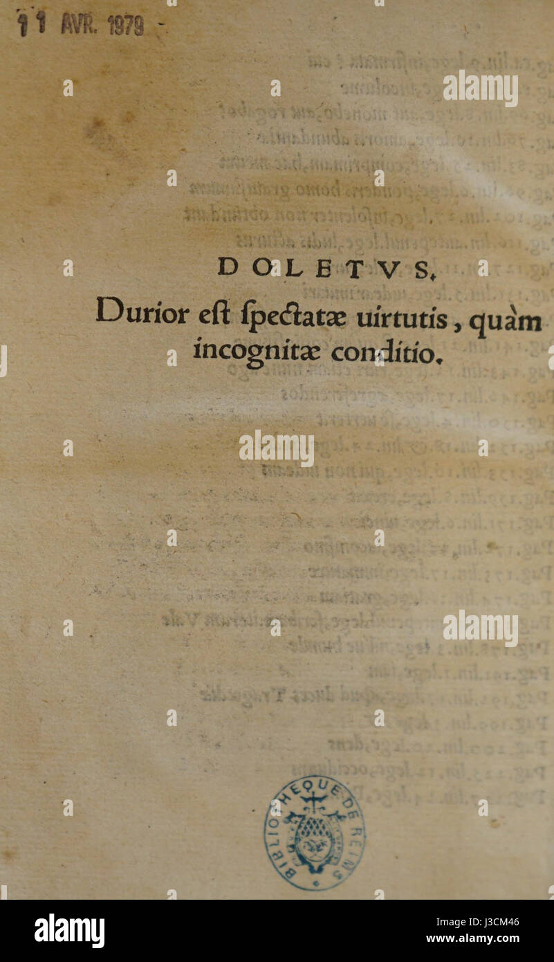 Der Titel „Dolet BM R 0767“ bezieht sich auf ein Werk oder Objekt, das in einer bestimmten Sammlung katalogisiert ist. Es könnte ein Buch, ein Manuskript oder ein anderes Archivobjekt sein. Die Details, die sich auf ihren Ursprung oder ihre Bedeutung beziehen, sind typischerweise mit historischen Studien oder Archivarbeiten verknüpft. Stockfoto