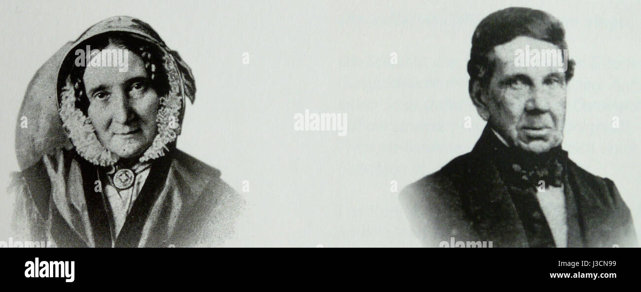 Dieses Bild ist mit den Eltern von Henry Dunant, dem Gründer des Internationalen Roten Kreuzes, verwandt. Dunants Vermächtnis in humanitären Bemühungen ist gut dokumentiert, und dieses Bild zeigt wahrscheinlich den Einfluss seiner Erziehung und seines familiären Hintergrunds auf seine späteren Beiträge. Stockfoto