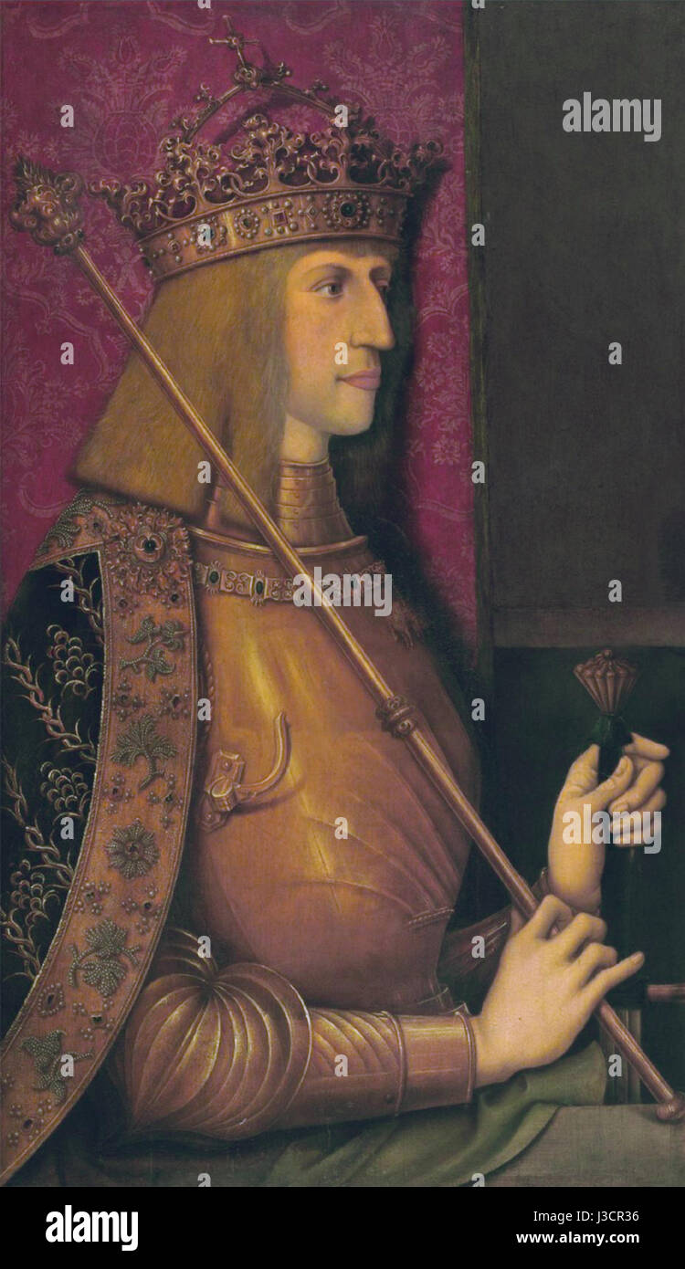 Dieses Porträt Kaiser Maximilians I., das der Werkstatt Bernhard Strigels zugeschrieben wird, spiegelt die Größe und politische Bedeutung des Heiligen Römischen Kaisers in der Renaissance wider. Das Kunstwerk hebt den detaillierten Ansatz von Strigelâ bei der Porträtdarstellung hervor. Stockfoto