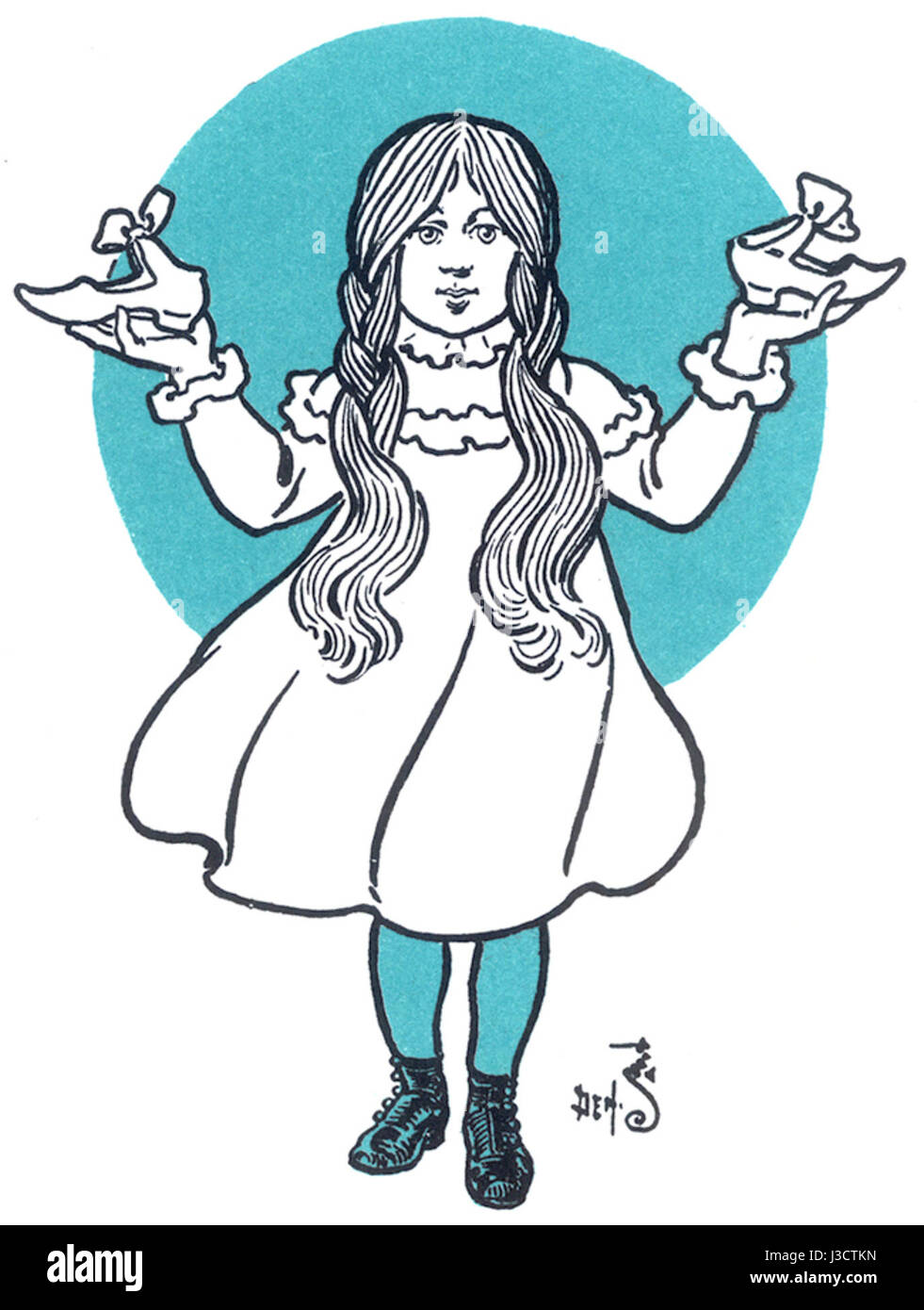 Dorothy Gale ist eine Figur aus L. Frank Baums Klassiker „The Wonderful Wizard of Oz“. Sie trägt silberne Schuhe, ein Schlüsselelement auf der magischen Reise der Geschichte. Stockfoto