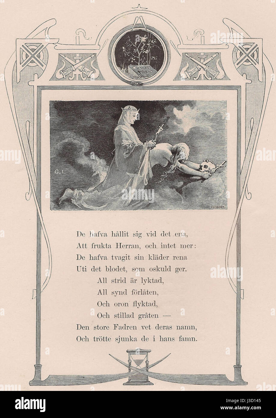 Dieses Bild, das aus einer Publikation aus dem Jahr 1880 stammt, zeigt wahrscheinlich eine künstlerische Darstellung oder einen Stich im Zusammenhang mit dem Konzept des „Engels Deathâ“, der oft das Ende des Lebens symbolisiert oder eine Engelsfigur, die den Tod in künstlerischen Werken dieser Zeit darstellt. Stockfoto
