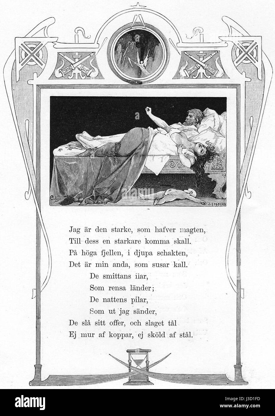 Dieses 1880 entstandene Kunstwerk mit dem Titel „Dodens Engel“ zeigt eine symbolische Darstellung des Todes. Das Gemälde wird oft mit dem europäischen Symbolismus des späten 19. Jahrhunderts in Verbindung gebracht, einer Bewegung, die metaphysische Themen und menschliche Sterblichkeit erforschte. Stockfoto