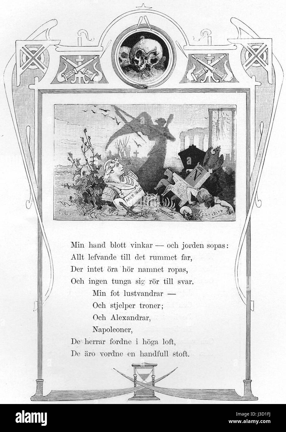 Eine Fotografie aus dem Jahr 1880 mit dem Titel „DodensEngel1880 0141“, die eine Skulptur darstellt, die als „Engel des Todes“ bekannt ist. Das Bild erfasst die komplizierten Details der Skulptur und hebt den künstlerischen Stil des späten 19. Jahrhunderts hervor. Stockfoto