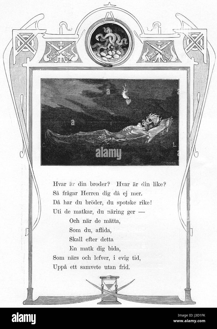 Dieses Bild zeigt „Dodens Engel“, eine historische Darstellung aus dem Jahr 1880, die möglicherweise einen Todesengel darstellt, ein Thema, das in der europäischen Kunst und Kultur des 19. Jahrhunderts verbreitet ist. Stockfoto