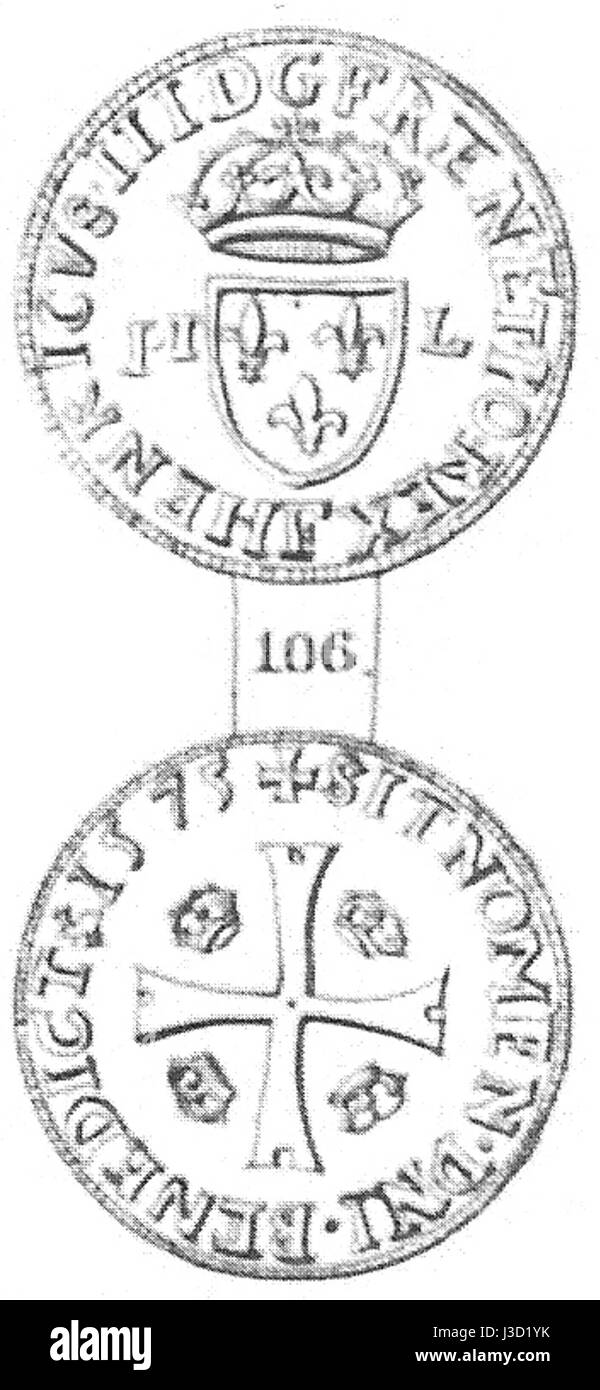 Diese Münze, die Douzain, wurde 1575 während der Regierungszeit von Henryk Walezy, dem König von Polen, geprägt. Die Münze repräsentiert die wirtschaftliche und politische Geschichte Polens im späten 16. Jahrhundert und spiegelt die Herrschaft Henryks als bedeutender Monarch wider. Stockfoto