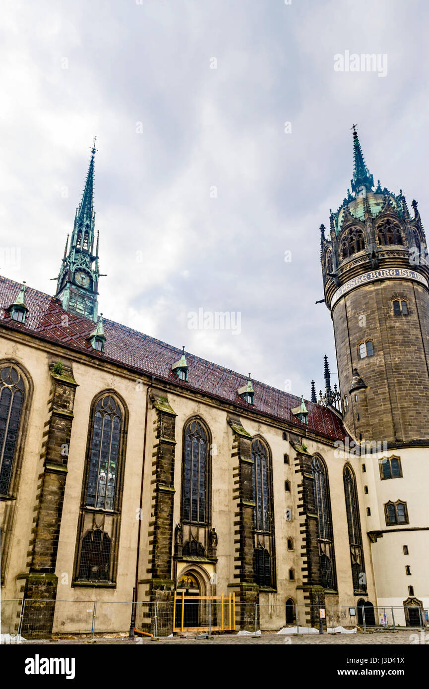 Schlosskirche Wittenberg, Deutschland, wo die Reformation begonnen; Schlosskirche, Lutherstadt Wittenberg, Sachsen-Anhalt, Deutschland Stockfoto