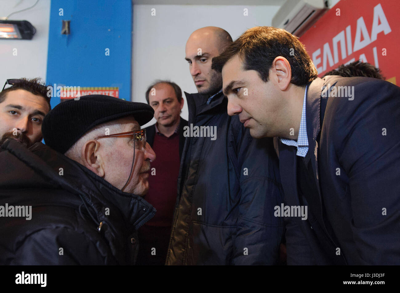 Top-Kandidat Alexis Tsipras besucht die nördliche griechische Stadt des Dramas, 2015 Stockfoto