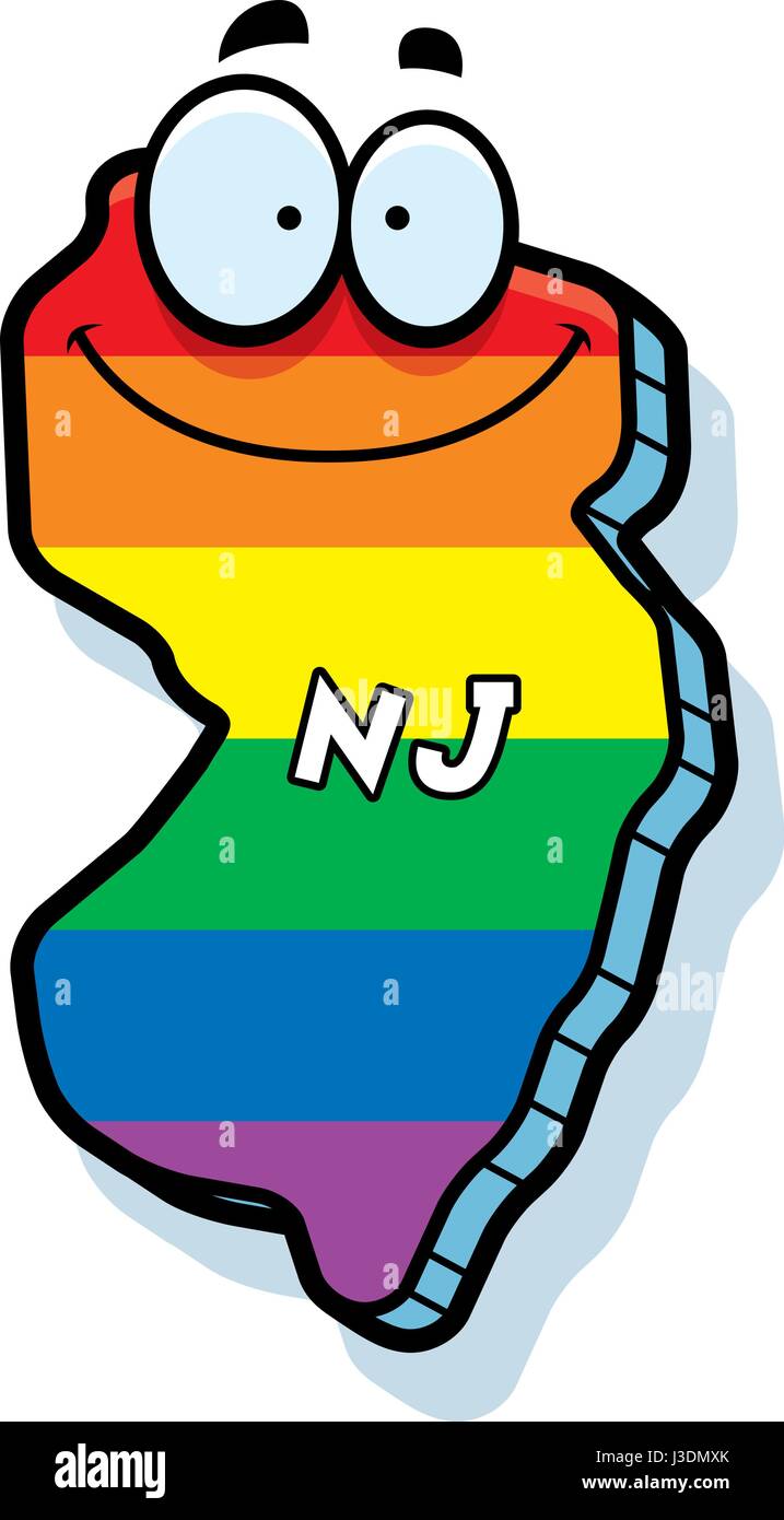 Eine Karikatur Illustration des Staates New Jersey lächelnd mit Regenbogenfarben Flagge. Stock Vektor