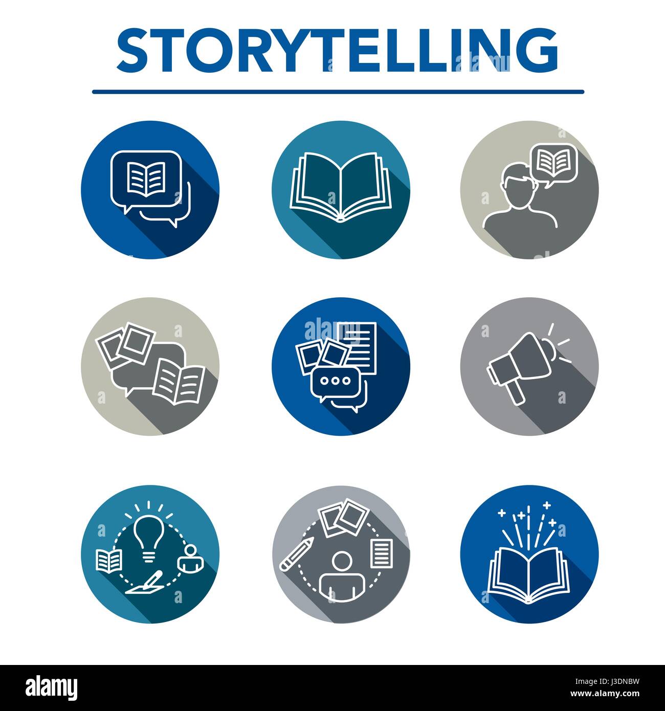 Storytelling-Icon-Set mit Sprechblasen und Bücher Stock Vektor