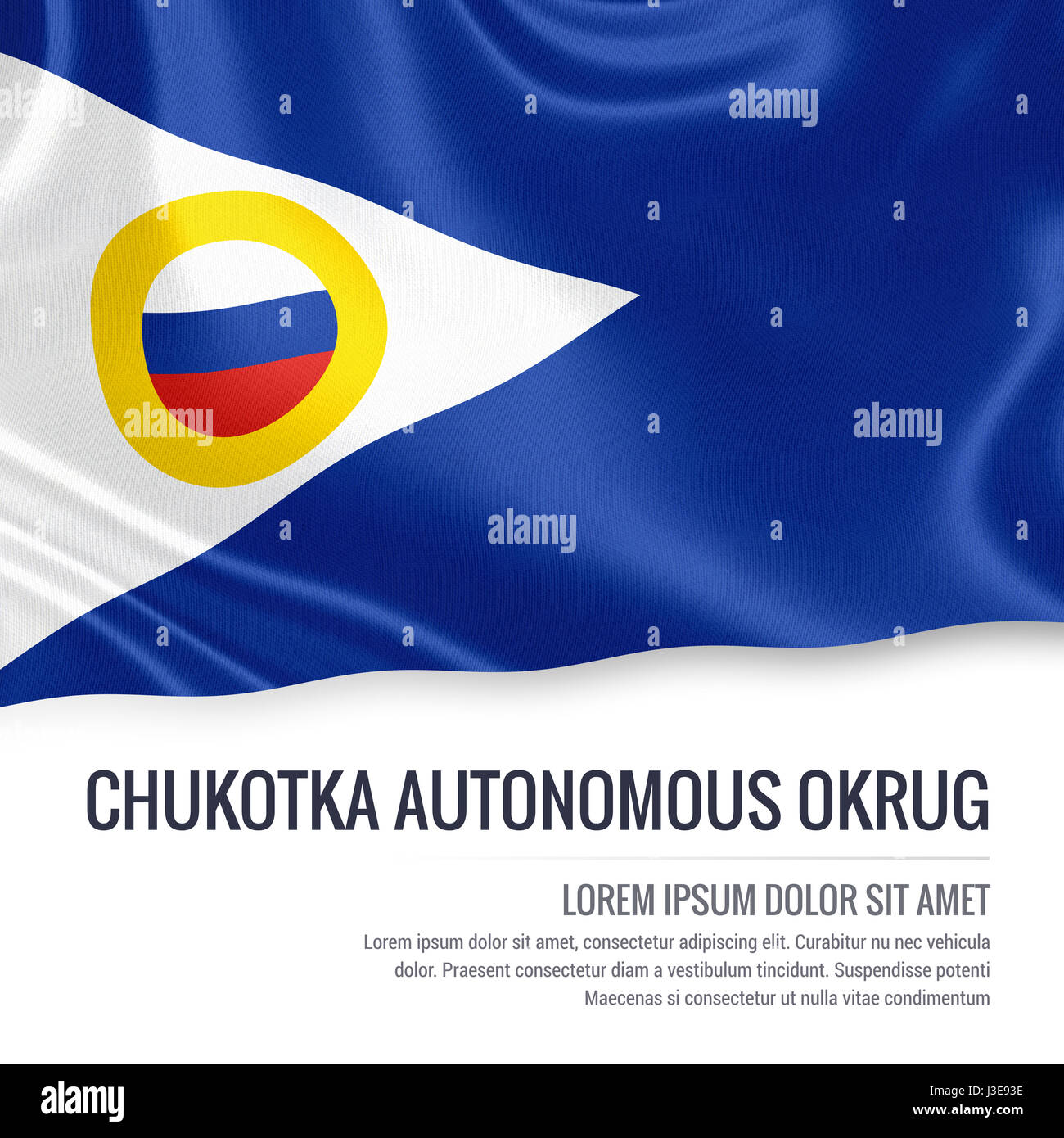 Russische staatliche Chukotka autonomes Okrug Fahnenschwingen auf einem isolierten weißen Hintergrund. Staatliche Name und den Textbereich für Ihre Nachricht. 3D Illustration. Stockfoto