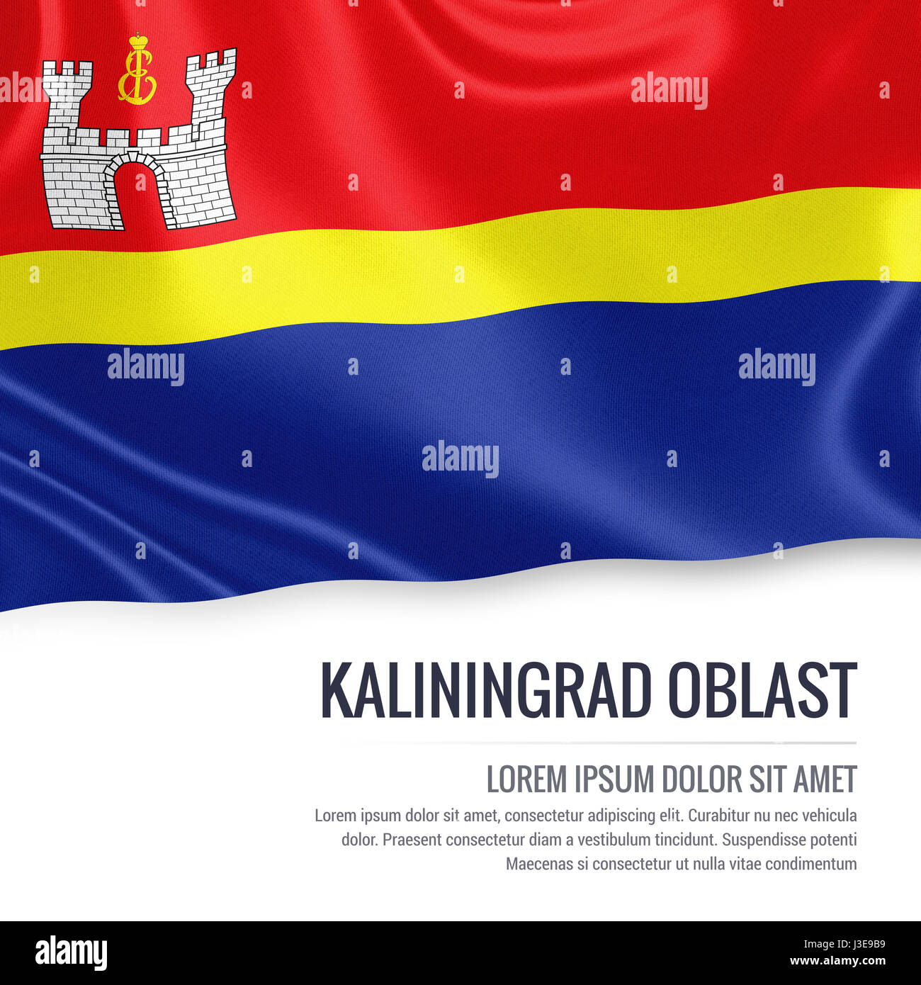 Russischen Oblast Kaliningrad Fahnenschwingen auf einem isolierten weißen Hintergrund. Staatliche Name und den Textbereich für Ihre Nachricht. 3D Illustration. Stockfoto