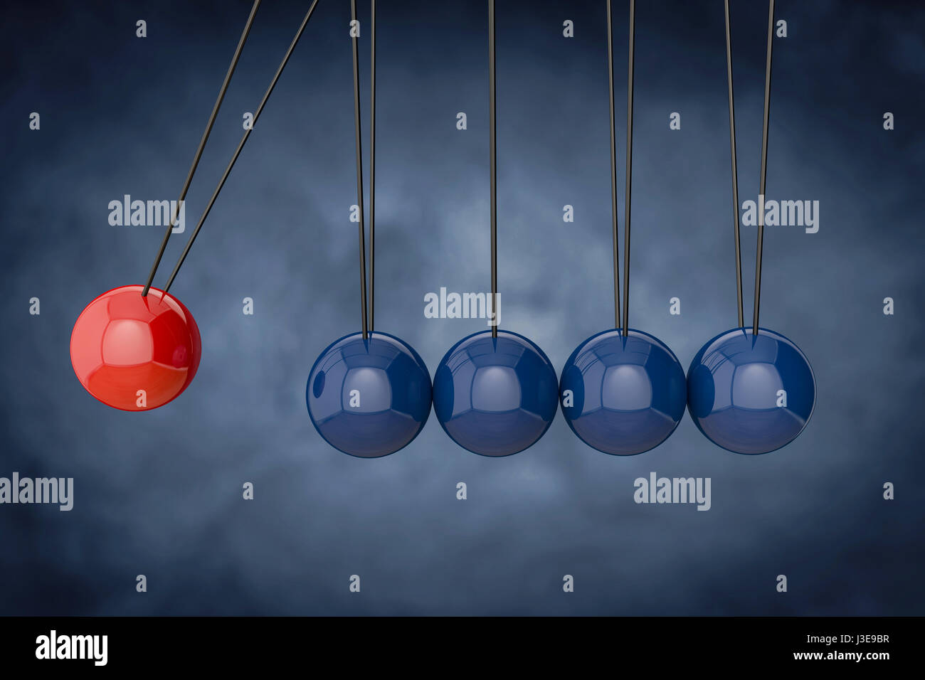 3D Newtons Wiege. Rote Kugel schlagen viele blaue Fäden hängen. Führung, macht und Einzigartigkeit Konzept. Stockfoto
