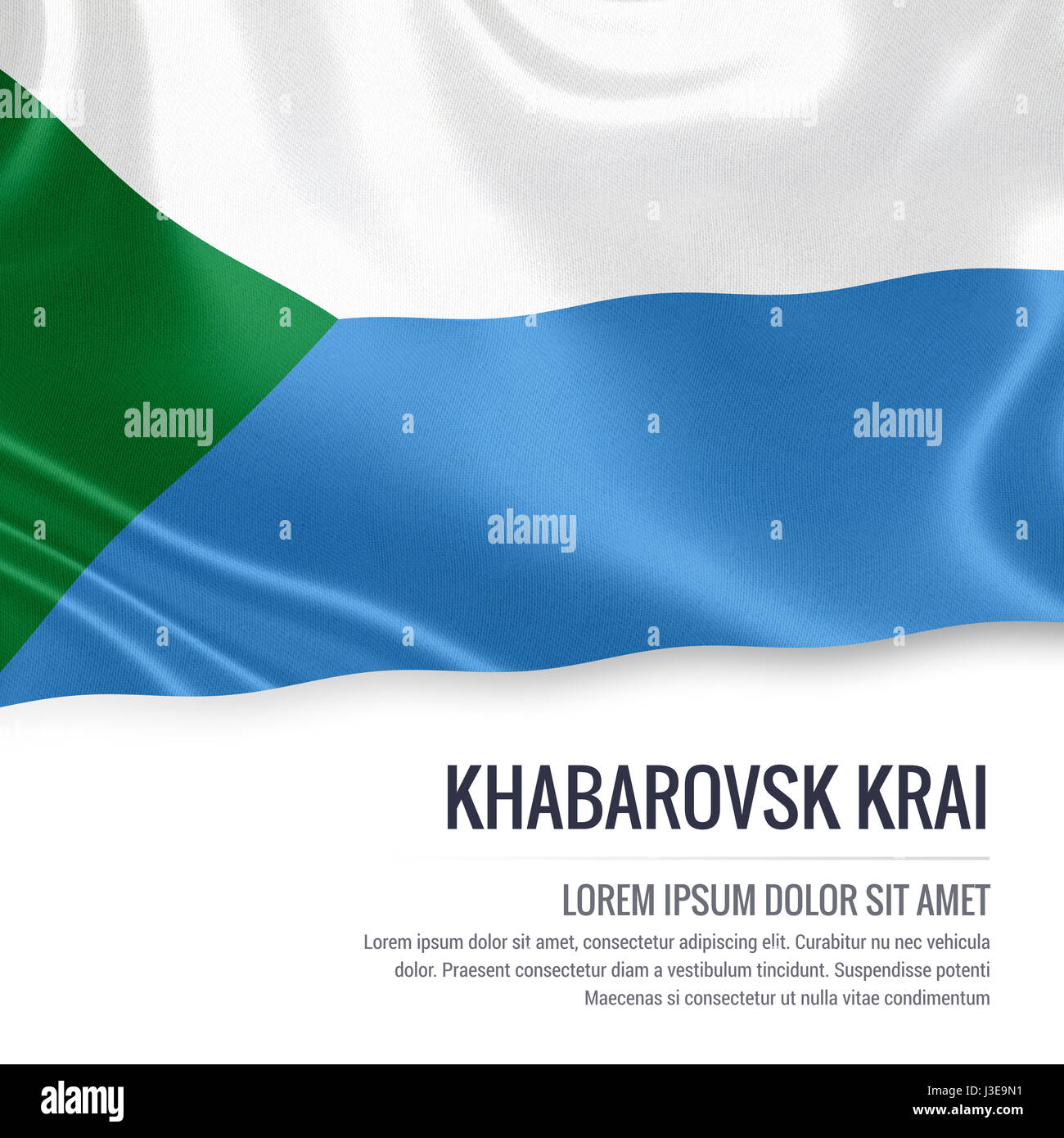 Russische staatliche Khabarovsk Krai Fahnenschwingen auf einem isolierten weißen Hintergrund. Staatliche Name und den Textbereich für Ihre Nachricht. 3D Illustration. Stockfoto