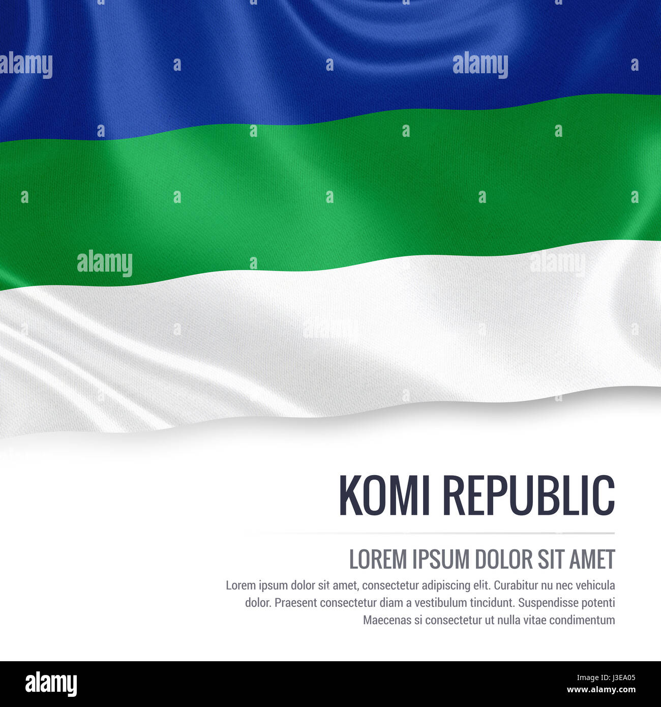 Russische Staat Republik Komi Fahnenschwingen auf einem isolierten weißen Hintergrund. Staatliche Name und den Textbereich für Ihre Nachricht. 3D Illustration. Stockfoto