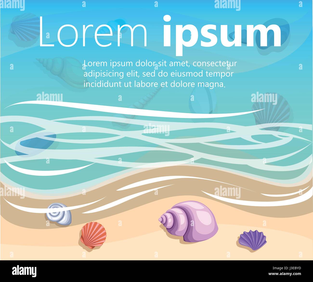 Sommer Hintergrund mit tropischen Strand. Steinen Rahmen der Schalen Meereswellen Schaum Sommerurlaub, Strand Resort, Reisen Hintergrund. Vektor-Illustration. Stock Vektor