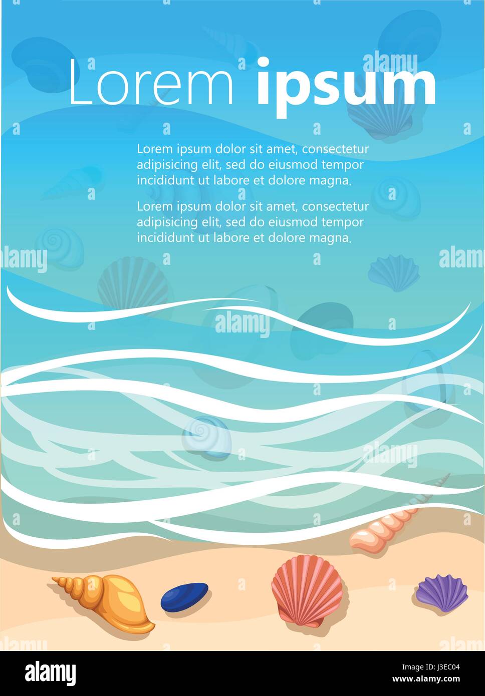 Sommer Hintergrund mit tropischen Strand. Steinen Rahmen der Schalen Meereswellen Schaum Sommerurlaub, Strand Resort, Reisen Hintergrund. Vektor-Illustration. Stock Vektor
