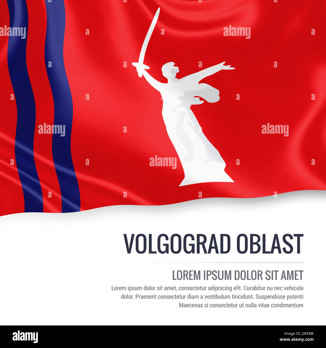 Russischen Oblast Wolgograd Fahnenschwingen auf einem isolierten weißen Hintergrund. Staatliche Name und den Textbereich für Ihre Nachricht. 3D Illustration. Stockfoto