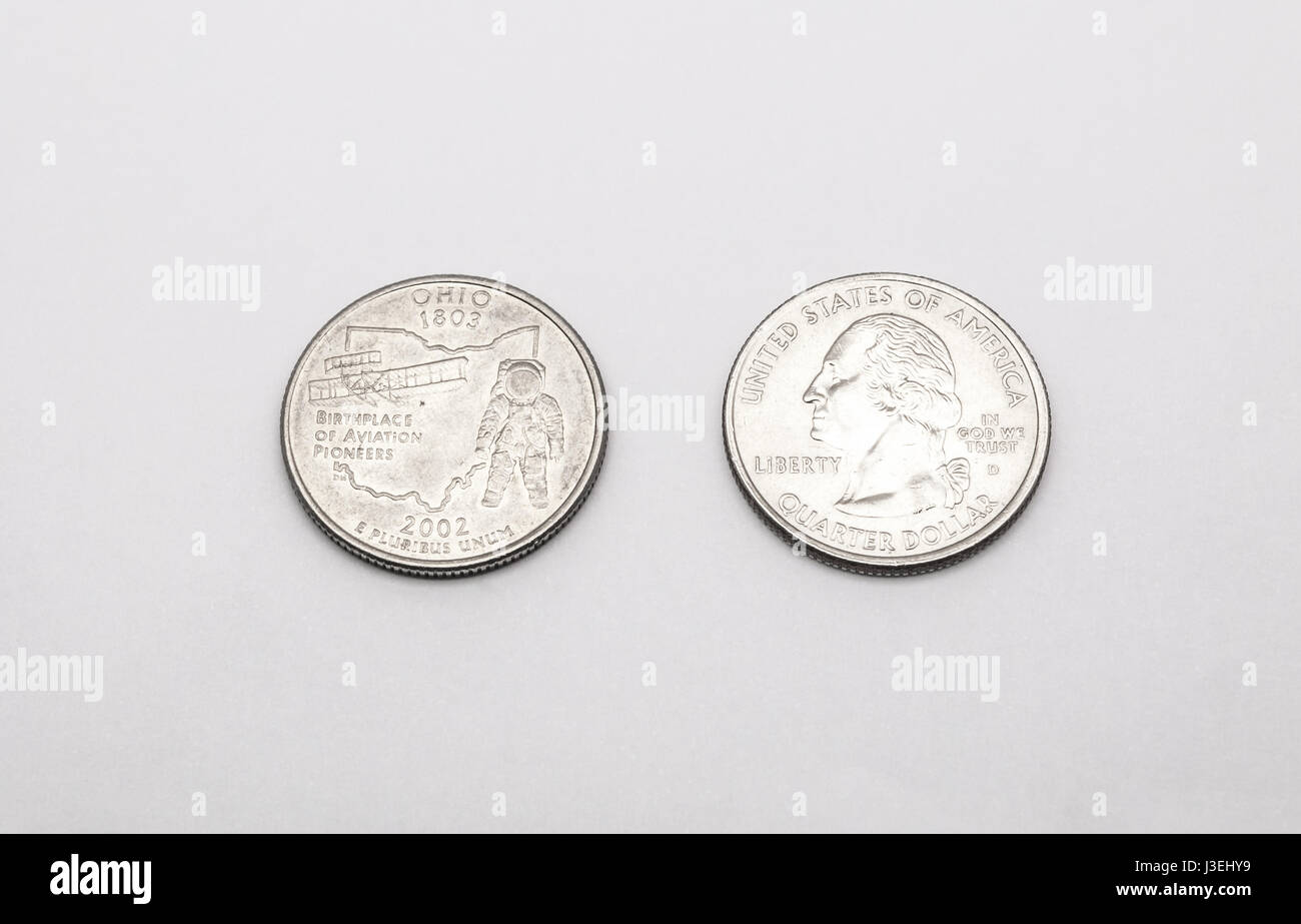 Closeup, Ohio Staatssymbol auf Viertel Dollar Münze auf weißem Hintergrund Stockfoto